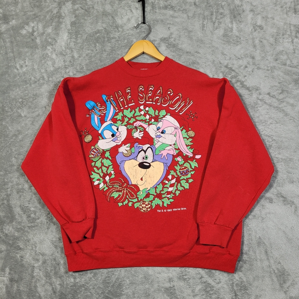 Vintage Tiny Toons Christmas Sweatshirt Buster Babs Bunny Dizzy Devil Womens XL